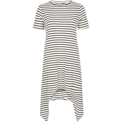 White stripe longline hanky hem t-shirt
